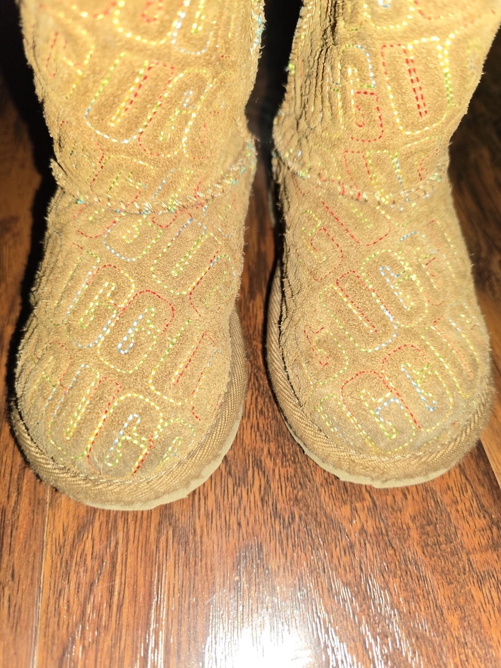 UGG Kids Tan Suede Boots with Multicolor Stitching
